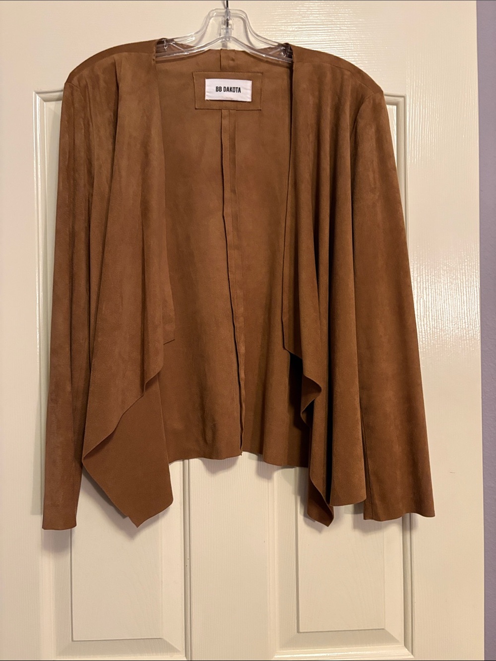 BB Dakota Camel Brown Faux Suede Draped Open-Front Jacket